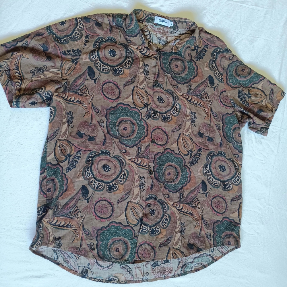Vatpave Brown & Green Retro Floral Button Down Shirt - Short Sleeve XL